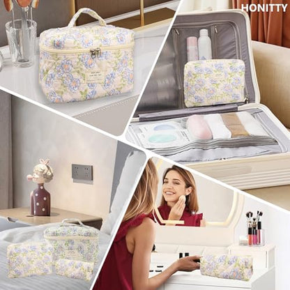 honitty Makeup Bag,Quilted Cosmetic Bags for Women - color: Blue-Flower