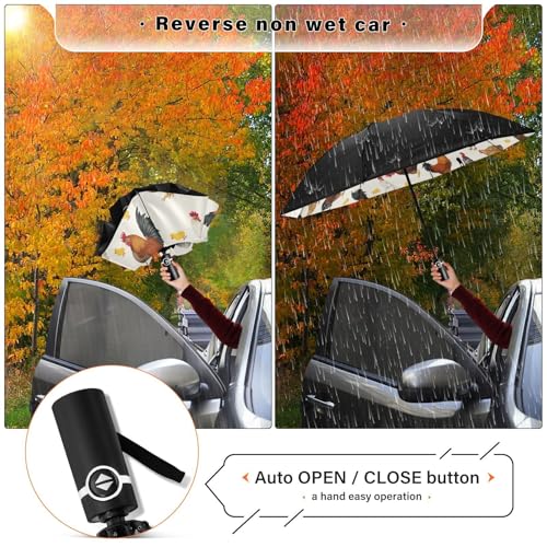 JIPONI Windproof Travel Umbrellas 01 - Large Compact Umbrella for Rain & Sun, Automatic Anti-UV Protection and Light Folding for Backpack & Car - color: Chicken