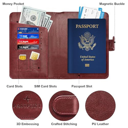 Passport Holder for Travel Essentials Wallet Cover Case Women Men Gift - color: D-Wine Red