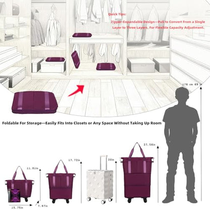 Travel Rolling Duffel Bag with Removable Wheels,Expandable Foldable Carry-On Luggage for Trip or Hospitalization - color: Burgundy‌ Backpack