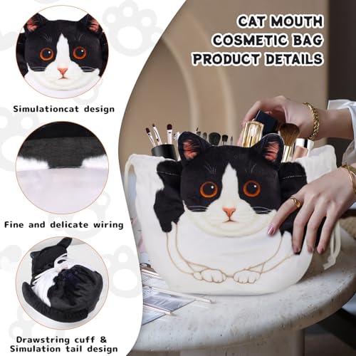 Drawstring Makeup Bag, Cat Makeup Bag, Travel Makeup Organizer, Cosmetic Pouch Bag, Cat Gift for Women, Lay Flat Makeup Bag Gifts for Cat Lovers - color: White and Black Cat