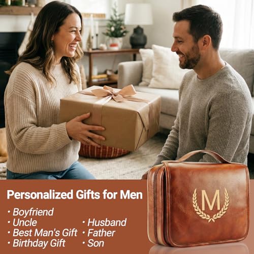OXYEFEI Personalized Hanging Travel Toiletry Bag Gift for Men,Engraved Initial PU Leather Mens Large Toiletry Travel Essential Organizer Dopp Kit Shaving Bag for Him Birthday (R, Light Brown) - style: R