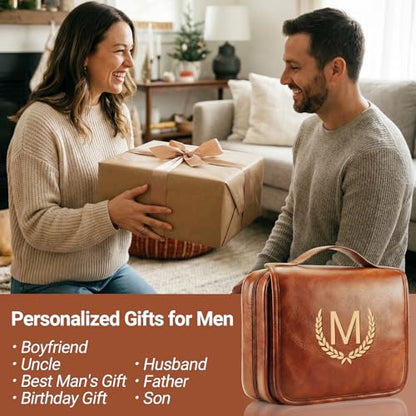 OXYEFEI Personalized Hanging Travel Toiletry Bag Gift for Men,Engraved Initial PU Leather Mens Large Toiletry Travel Essential Organizer Dopp Kit Shaving Bag for Him Birthday (R, Light Brown) - style: R