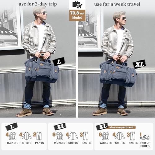 Gonex Canvas Duffle Bag, Expandable 60L Travel Overnight Weekender Bag - color: Denim Blue, size: X-Large-60L (Without Shoe Compartment)