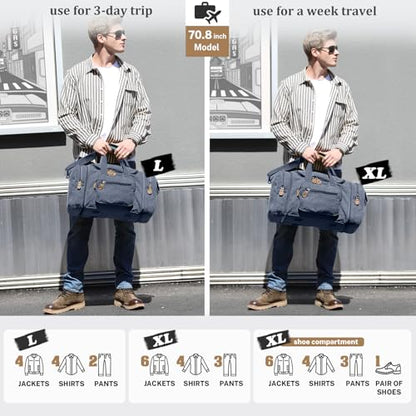 Gonex Canvas Duffle Bag, Expandable 60L Travel Overnight Weekender Bag - color: Denim Blue, size: X-Large-60L (Without Shoe Compartment)