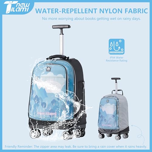 NEW TILAMI 19 Inch Rolling Backpack 4 Spinner Wheels for School, Light Blue - color: Misty Blue Forest