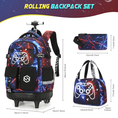 Scothen Cool Luminous Rolling Backpack for Boys with Lunch Bag Pencil Pouch - color: Cool Red Blue