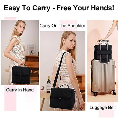 Large Makeup Carrying Train Case for Women, 4 Tier Travel Bag Box, Black - color: Black Regular