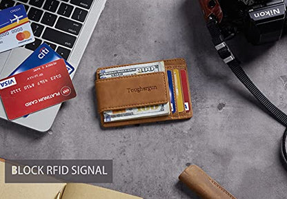 Toughergun Slim Wallet for Men RFID Blocking Money Clip, Minimalist Front Pocket Credit Card Holder, Magnetic Thin Mens Wallets with ID Window - color: Deep Brown