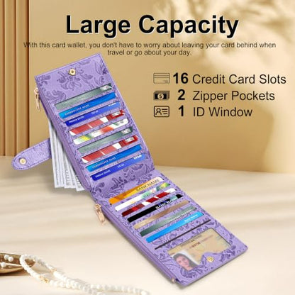 Travelambo Womens Leather Bifold Wallet, Slim RFID Blocking Card Holder - color: Purple Flower