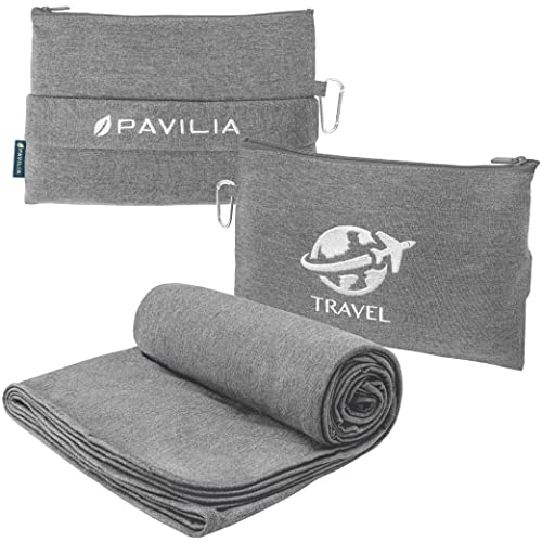 PAVILIA Travel Blanket Airplane Compact Pillow with Bag for Flights, Gray - color: Gray