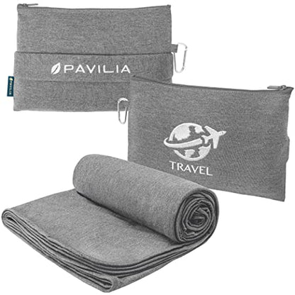 PAVILIA Travel Blanket Airplane Compact Pillow with Bag for Flights, Gray - color: Gray