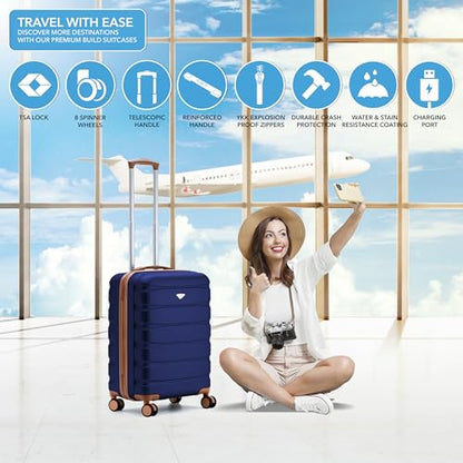Flight Knight 22x18x10 Expandable Carry On Suitcase Hardside TSA Lock & USB C Port Lightweight Luggage Silent Double Spinner Wheels Maximum Spirit Overhead Carry-On Bag Airlines Approved Black/Tan - color: Navy/Tan, size: 22x18x10"
