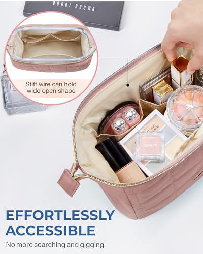 BAGSMART Makeup Bag Travel Toiletry Bag, Wide-open Zipper Pouch, Dark Pink - color: 02-Dusty Rose Pink