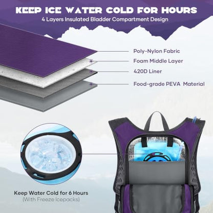 Maelstrom Lightweight Hydration Hiking Backpack with 2L/3L Water Bladder - color: 5.Purple, size: 2L Bladder