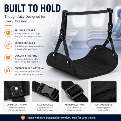 Airplane Foot Hammock 3-in-1 Travel Kit – Adjustable Memory Foam Foot Rest with Eye Mask & Ear Plugs for Long Flights, Office & Car