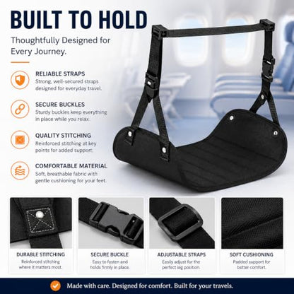 Airplane Foot Hammock 3-in-1 Travel Kit – Adjustable Memory Foam Foot Rest with Eye Mask & Ear Plugs for Long Flights, Office & Car