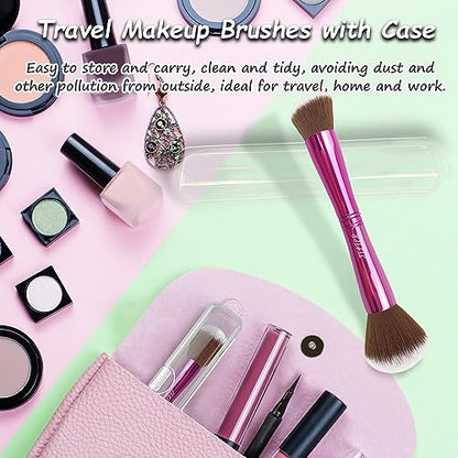 Jilier 4 in 1 Makeup Brush Set, Travel Makeup Brushes with Case, Foundation/Blush Brush, Eyeshadow Powder Brush, Concealer Brush, Double Ended Makeup Brush Ideal for Liquid, Cream, Powder, Concealer - style: purple-plastic case