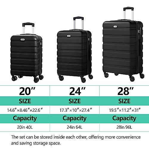 AnyZip Luggage Sets 3 Piece Hardshell Suitcase Set PC ABS Lightweight Travel Suitcases with 4 Double Spinner Wheels TSA Lock 20 24 28 Inch Black - color: Black, size: 3 piece set (20/24/28)