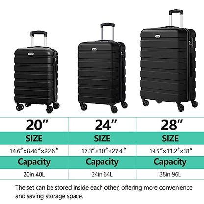 AnyZip Luggage Sets 3 Piece Hardshell Suitcase Set PC ABS Lightweight Travel Suitcases with 4 Double Spinner Wheels TSA Lock 20 24 28 Inch Black - color: Black, size: 3 piece set (20/24/28)