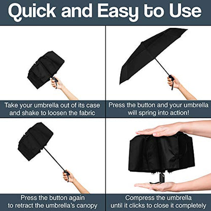 RainPlus Windproof Travel Umbrella - Compact, Automatic, Folding and Portable - Umbrellas For Rain for Men and Women - Car, Backpack, Purse, Strong & Wind Resistant - color: Black