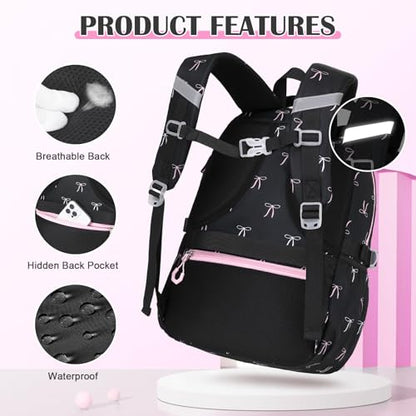 DIGOBAY Backpacks for Girls 3PCS School Backpack Lunch Box Pencil Pouch - color: Black-bow