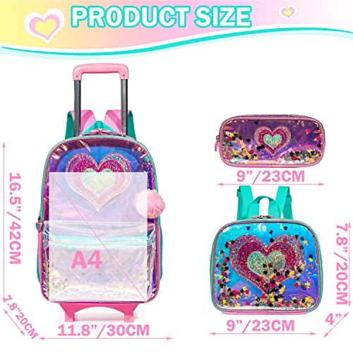 Meetbelify Girls Rolling Backpack Sequin Rolling Backpacks with Wheels for Girls for Elementary School Bag - color: Pink Love