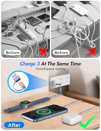 1Pack Travel Essentials for Apple Watch Charger,3-in-2 Multi Charging Cable - color: Gray, size: 1Pack-4FT