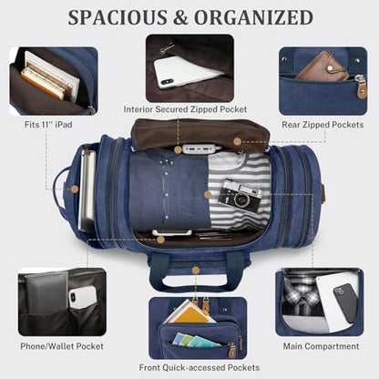 Gonex Canvas Duffle Bag, Expandable 60L Travel Overnight Weekender Bag - color: Blue, size: X-Large-60L (With Shoe Compartment)