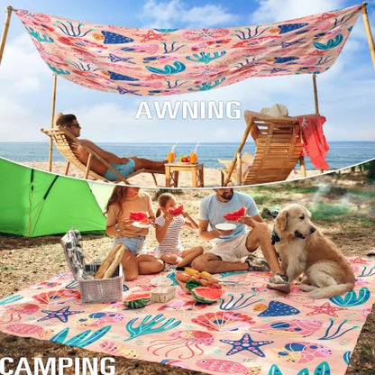 Beach Blanket Sandproof Waterproof Oversized 78"x81"/10'x9' Compact mat - color: Pink Ocean, size: 78''×81''
