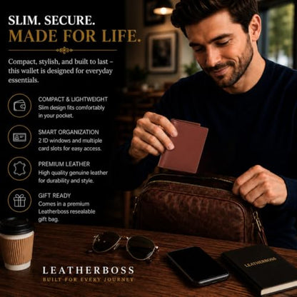 Leatherboss Slim Thin Leather Credit Card Id Mini Wallet Holder Bifold Driver's License Safe (Chocolate) - color: Chocolate