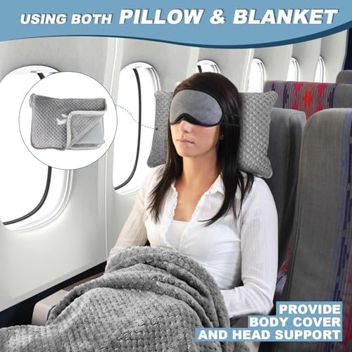 Travel Blanket Airplane Compact with Bag, Travel Essentials 3 in 1 Packable Airplane Blanket, Travel Pillow and Blanket Set, Inflatable Pillow, Luggage Sleeve & Backpack Clip (Light Grey) - color: Light Grey