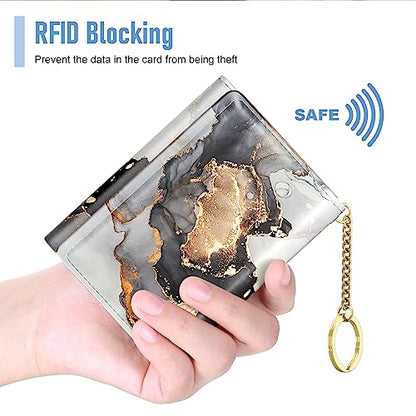 Rouidr Womens Wallet, Small Slim RFID Card Wallets for Women, Cute Front Pocket Trifold Leather Card Organizer with 7 Slots & ID Window, Black Gray Gold Marble - color: Black Gray Gold Marble