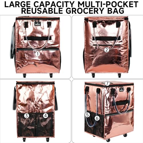 Large Reusable Grocery Bag On 5 Wheels, 130L Foldable Rolling Tote Bag - color: Rose Gold, size: Large