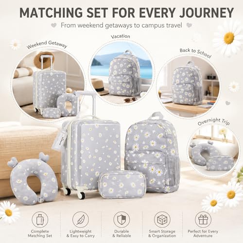 Redbaker 6 Pcs Kids Luggage Set for Girls Grey 17 Inch Daisy - color: Grey, size: 17 Inch