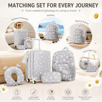 Redbaker 6 Pcs Kids Luggage Set for Girls Grey 17 Inch Daisy - color: Grey, size: 17 Inch