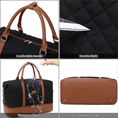 Weekender Bag, Large Travel Duffel Bag for Women, Carry on Overnight Bag with Shoe Compartment and Toiletry Bags - color: Black
