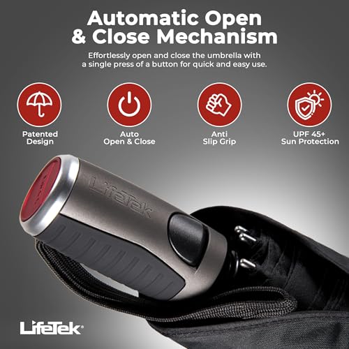 LifeTek Premium Travel Umbrella - Windproof & Compact for Men & Women, Automatic Open Close, Fits in Purse Laptop Bag or Backpack, Strong Frame for Heavy Rain & Sun UV Protection - color: 45 Inch Black FX2 Double Canopy