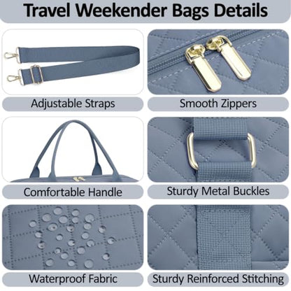 Tenot Quilted Duffle Bag for Women Travel Tote Bag with Luggage Sleeve - color: Blue, size: Large