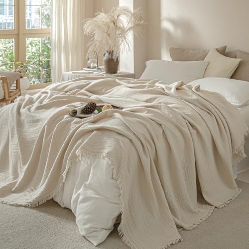 Muslin Fringe Blankets for Adults: 100% Cotton Cloud Soft Super King - color: Beige, size: Super King (108" × 98")