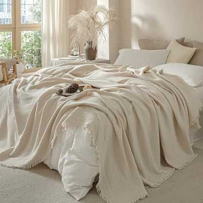 Muslin Fringe Blankets for Adults: 100% Cotton Cloud Soft Super King - color: Beige, size: Super King (108" × 98")