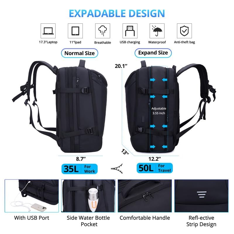 Travel Backpack for Men 50L Expandable Flight Approved Carry on Backpacks - color: Black-cubes