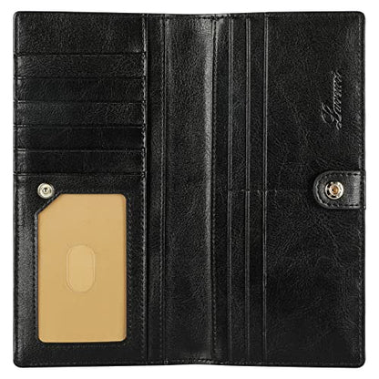 Lavemi Ultra Slim Thin Leather Women Wallet RFID Blocking Credit Card Holder Bifold Long Ladies Billfold - color: 1-waxed Black