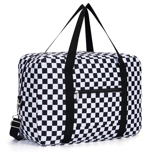 Narwey Personal Item Travel Bag, Carry on Foldable Duffle Bag for Women Men - color: ZCB-Black Checkerboard