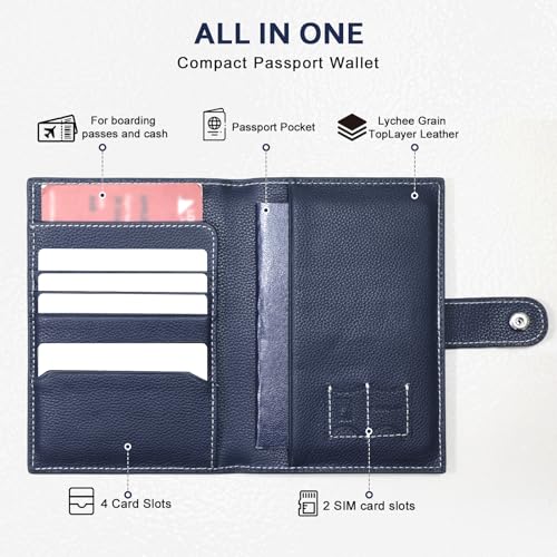 Genuine Leather Slim Passport Holder with RFID &Tracker Slot (Blue) - color: Blue
