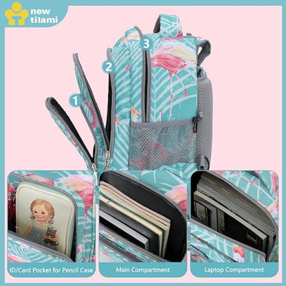 NEW TILAMI 18 Inch Rolling Backpack with Lunch Bag for Girls Boys School - color: Flamingo