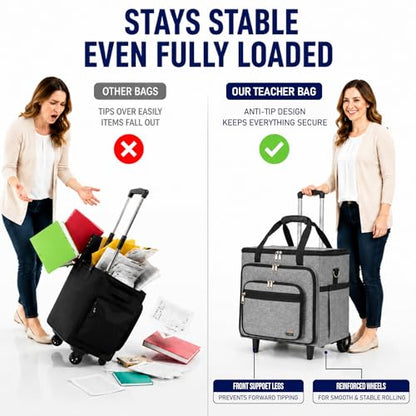 Rolling Craft Bag With Wheels, Teacher Organizer Tote With Detachable Trolley - color: gray, size: 2 Wheels & Fixed Front Feet