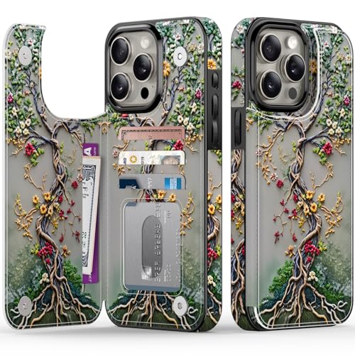 FUNMIKO for iPhone 15 Pro Max Wallet Case, Card Holder, RFID-Blocking - color: Blooming Tree of Life, size: iPhone 15 Pro Max