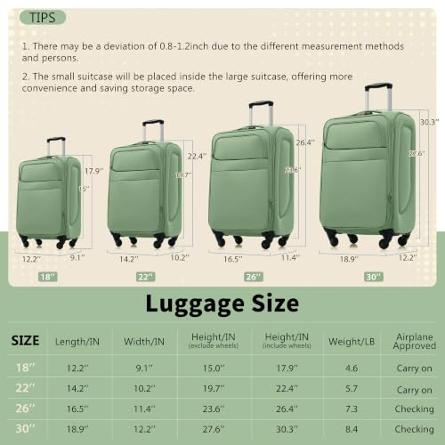 RIGO Softside 4 Piece Luggage Set, Expandable Suitcases with Spinner Wheels & TSA Lock, Lightweight Polyester Travel Luggage 18/22/26/30 Inch