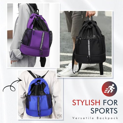 PinCute Drawstring Backpack for Men Women, Mesh Gym Bag for Beach - color: Black